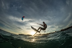 Kite surf ride his hydrofoilkite