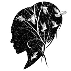 Silhouette of a female head with the night sky, moon, branches and birds