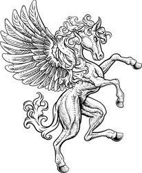 A Pegasus horse with wings from Greek mythology rearing rampant on its hind legs in a coat of arms crest woodcut style 