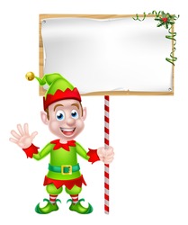 Cartoon Christmas Elf or Santa Christmas helper holding a blank sign