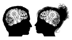 A man and a woman in silhouette with gears or cogs working in their brains