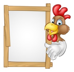 A cartoon chicken rooster character pointing at a sign or giving a thumps up towards it