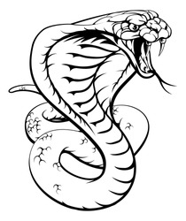 An illustration of a king cobra snake in black and white