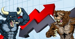 Financial concept of a cartoon bear fighting a bull mascot characters in front of a stock market or profit graph