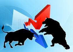 A silhouette bear fighting a bull mascot characters in front of a stock market or profit graph financial concept