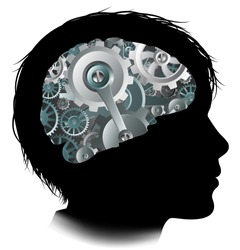Silhouette of a boy child with a brain made up of gears or cogs workings machine parts