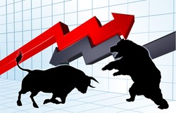 Silhouette bull versus bear mascot characters in front of a stock market or profit graph concept