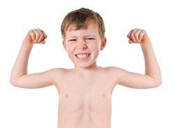 Thin boy showing his muscles isolated on white background