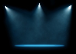 Three spotlights illuminating empty stage background. Raster illustration lightning template.