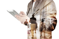 Double exposure of Business Man and Airport Terminal with People Walking and Shopping as Business Travel Concept