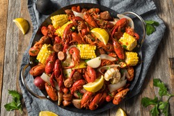 Homemade Southern Crawfish Boil with Potatoes Sausage and Corn