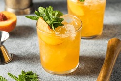Boozy Refreshing Peach Bourbon Smash Cocktail with Mint