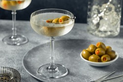 Boozy Refreshing Dry Gin Martini with Olive Garnish