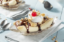 Sweet Homemade Banana Split Sundae with Chocolate Vanilla  Strawberry Ice Cream