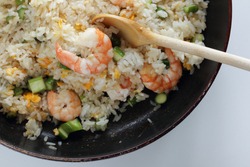 Chinese cooking, asparagus and shrimp fried rice 