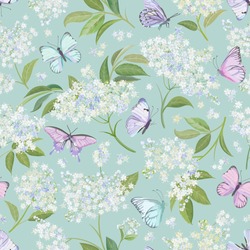 Seamless watercolor white elderberry floral background. Spring elderflower and butterflies pattern template vector. Summer flowers wedding design illustration