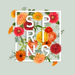 Floral Spring Graphic Design - with Colorful Flowers - for t-shirt, fashion, prints - in vector
