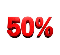 50%, fifty percent three dimensional red text sign on white background with soft shadow