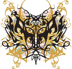 Beautiful golden floral butterfly wings splashes. Abstract butterfly wings formed by an art line against the background of decorative elements for prints, tattoos, textiles, wallpaper, etc.