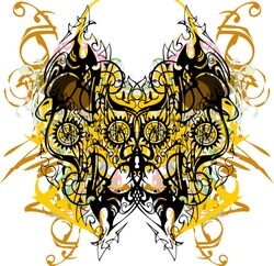 Ornamental double eagle symbol floral splashes. An abstract linear symbol of an eagle, similar to a butterfly with colored decorative elements for textiles, wallpaper, tattoo, prints on t-shirts, etc.