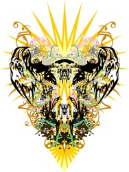 Double eagle head symbol with colored and golden splashes. Double eagle symbol against the sun with colored decorative elements for prints, textiles, posters, wallpaper, tattoo, etc.