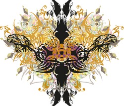 Grunge cross with eagle elements and golden splashes. Splattered eagle heads cross with colorful floral motifs, diamond-shaped patterns on a white background for religious events, wallpaper, etc.