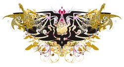 Grunge double eagle symbol with gold dragons. Colorful splashes in a double eagle symbol with winged dragons, the floral coiling elements and color drops
