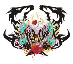 Double fantastic imaginary animal symbol formed by the horse heads  and the heads of an eagle with colorful floral elements, red hearts and arrows, red asterisks