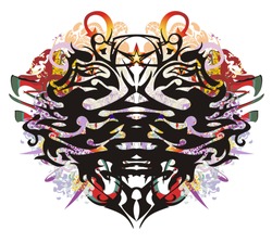Grunge double eagle head symbol. Two-headed freakish eagle against the background of linear patterns, arrows and colorful ornate elements