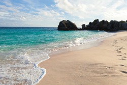 Warwick Long Bay Beach and rock formations located on the island of Bermuda near Jobsons Cove.