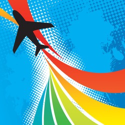 Silhouette of an airplane flying over an abstract rainbow colored backdrop with splattered halftone accents.