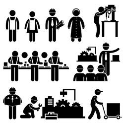 Factory Worker Engineer Manager Supervisor Working Stick Figure Pictogram Icon