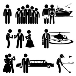 Rich People High Society Expensive Lifestyle Activity Stick Figure Pictogram Icon Cliparts