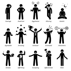 Neutral Personalities Character Traits. Stick Figures Man Icons. Starting with the Alphabet A.