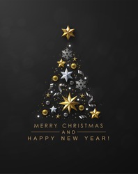 Christmas Tree made of Cutout Gold Foil and White Paper Stars, Silver Glitter Snowflakes and Beads on Black Background. Chic Christmas Greeting Card.
