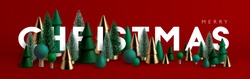 Christmas banner. Xmas Horizontal composition made of green and gold wooden and glass Christmas trees. Christmas poster, greeting cards, header or profile cover.