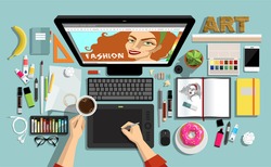 Flat Style  Creative Designers Workspace. Icons Collection of Work Flow Items and Elements, Stationery and Drawing Tools, Pen, Paintbrushes, Pencils, Marker and Highlighter,  Objects and Equipment .