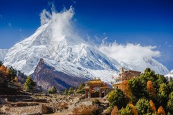 Spectacular view of Manaslu mountain on Around Manaslu trail Himalayas, Nepal