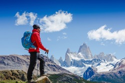 Active man hiking in the mountains. Patagonia, Mount Fitz Roy. Mountaineering sport lifestyle concept