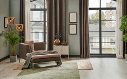 Grey living room with window concept curtain and garden view. Grey sofa carpet and chair decoration. home design modern room frame.