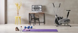 Training and sportive room, grey interior style, stone wall, bike and purple mat, blue dumbbell.