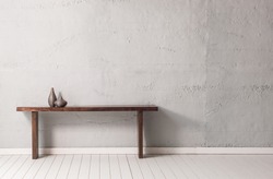 grey concrete wall wooden modern desk with wooden floor
