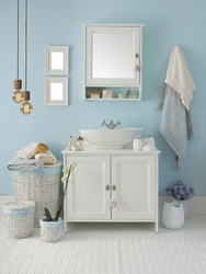 modern blue wall clear bathroom style, modern lamp