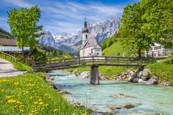 Scenic mountain landscape in the Bavarian Alps with famous Parish Church of St. Sebastian in the village of Ramsau, Nationalpark Berchtesgadener Land, Upper Bavaria, Germany