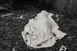 Victim of a violent crime under a sheet with fingers sticking in a rural yard. With evidence markers, in black and white.