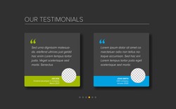 Simple dark minimalistic testimonial review section layout template with two testimonials, testimonial photo placeholders, quotes and blue green color accent