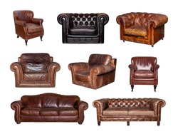 Set of different leather furniture. Collage of side and front views of leather sofa and chair