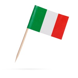 Miniature paper flag Italy. Isolated Italian flag pointer on white background. With shadow below