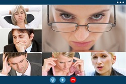 group video call screen of stressed business colleagues having video meeting trying to overcome crisis.