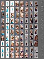 contact sheet of a professional fashion shoot for a beautiful blond woman, 80 images, unretouched.